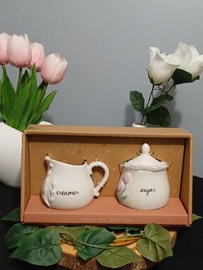 Rae Dunn Cream and Sugar Ceramic Set with Pink Floral Accents NIB